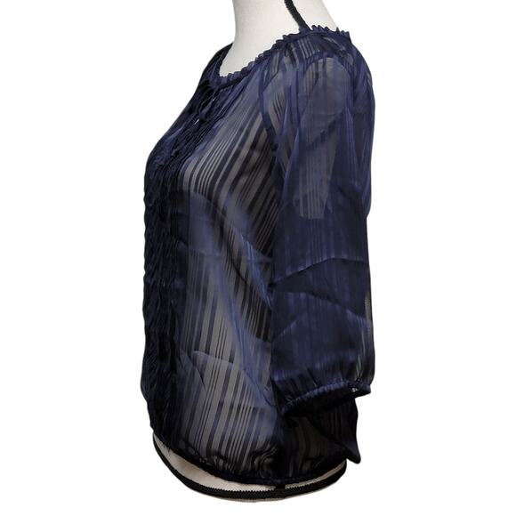 Express Blue Sheer Blouse Womens Sz S Tonal Stripe 3/4 Sleeve Tie Neck Top Shirt - Picture 3 of 6